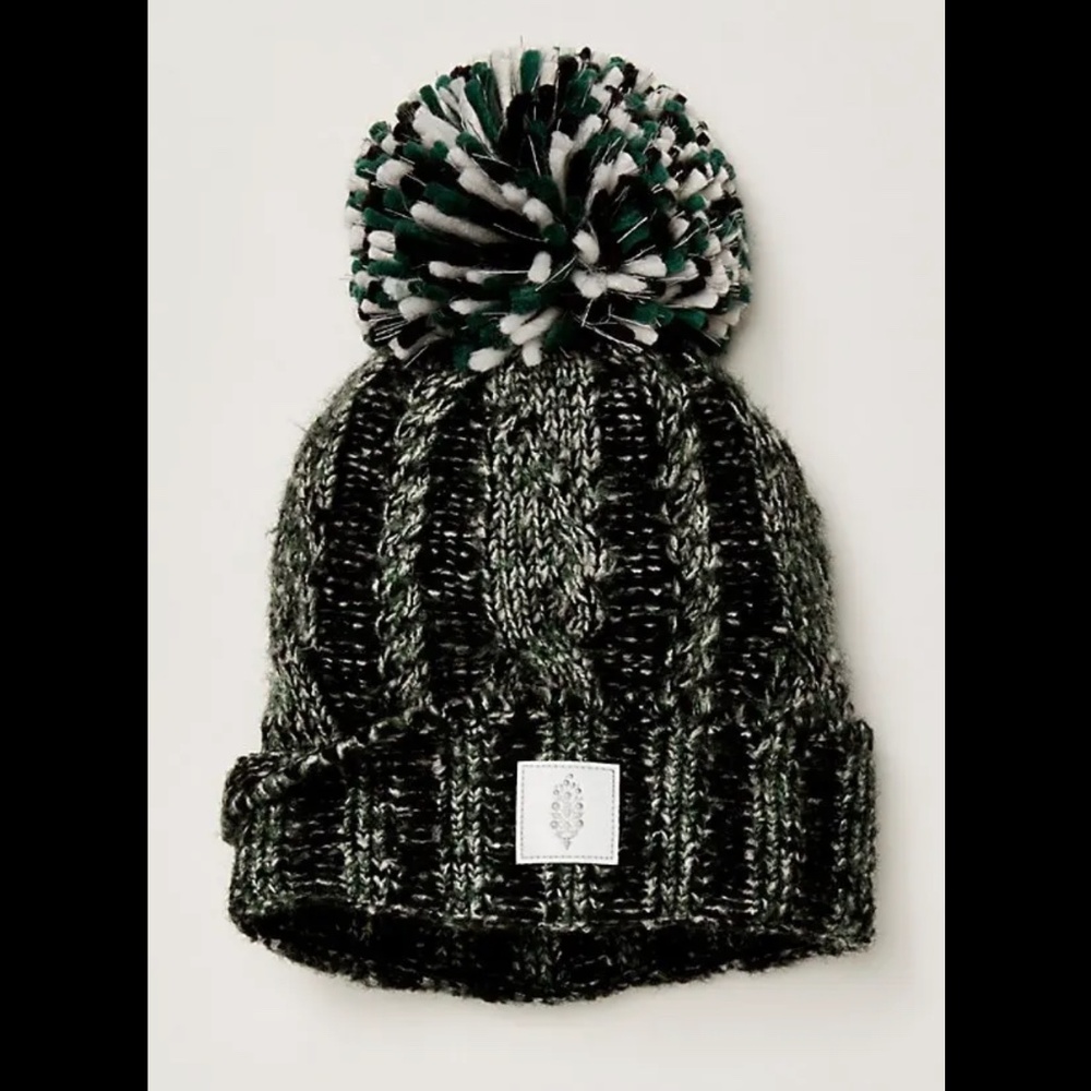 NWOT Free People Pow Party Reflective Beanie - White/Black/Green Combo